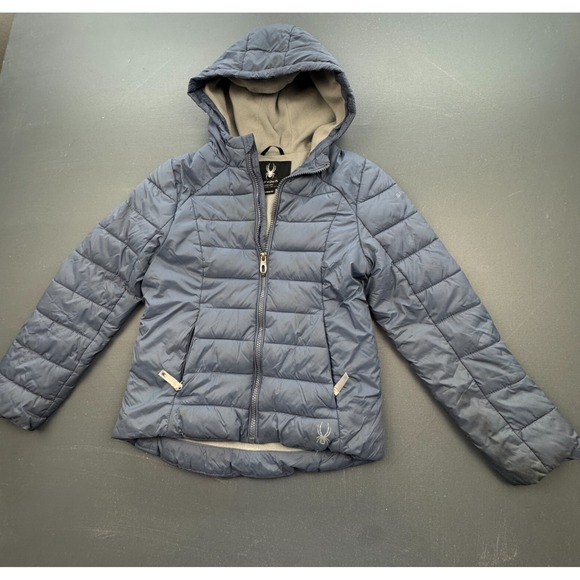 Spyder Kids Ski Racing Jacket 8/10 Blue Hooded Fleece Lined Puffer Winter Coat - Picture 1 of 16